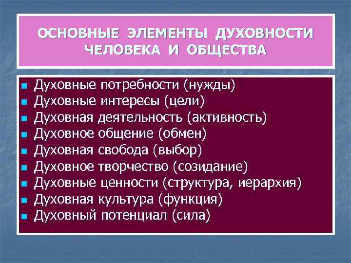   ОСНОВНЫЕ ЭЛЕМЕНТЫ ДУХОВНОСТИ   ЧЕЛОВЕКА И ОБЩЕСТВА n  Духовные потребности