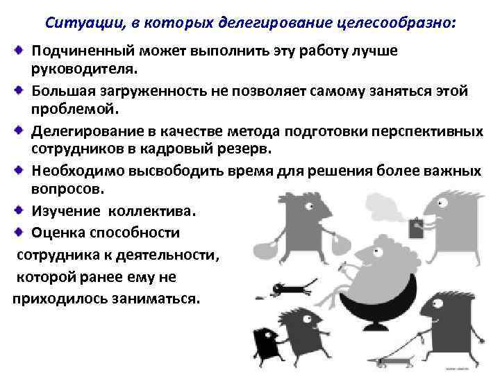   Ситуации, в которых делегирование целесообразно: Подчиненный может выполнить эту работу лучше руководителя.