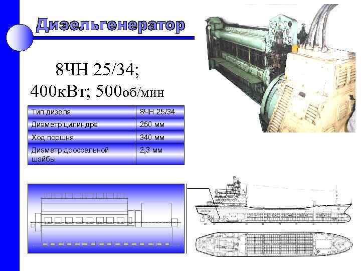   8 ЧН 25/34; 400 к. Вт; 500 об/мин Тип дизеля  8