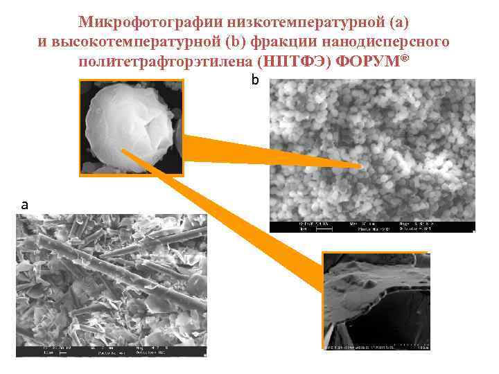    Микрофотографии низкотемпературной (a) и высокотемпературной (b) фракции нанодисперсного   политетрафторэтилена