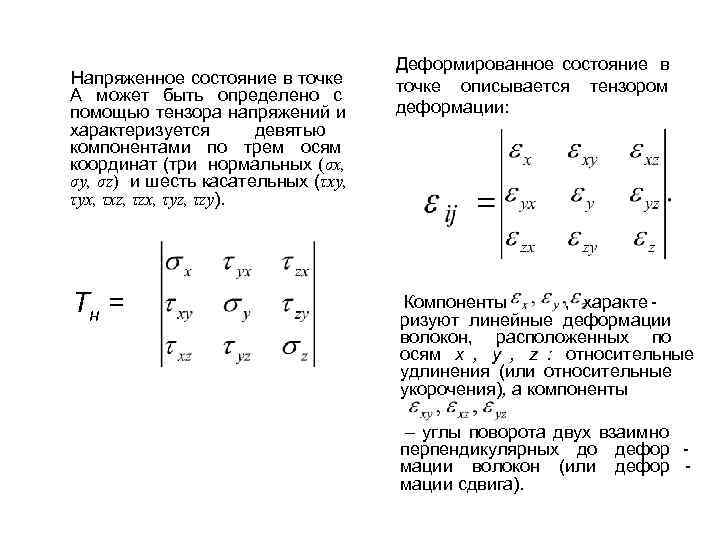      Деформированное состояние  в   Напряженное состояние в