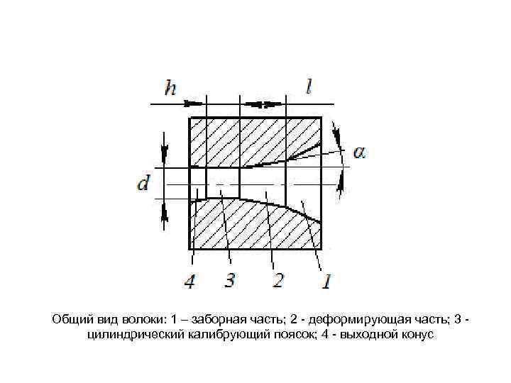 Общий вид волоки: 1 – заборная часть; 2 - деформирующая часть; 3 - цилиндрический