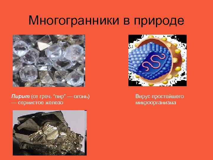  Многогранники в природе Пирит (от греч. “пир” — огонь)  Вирус простейшего —