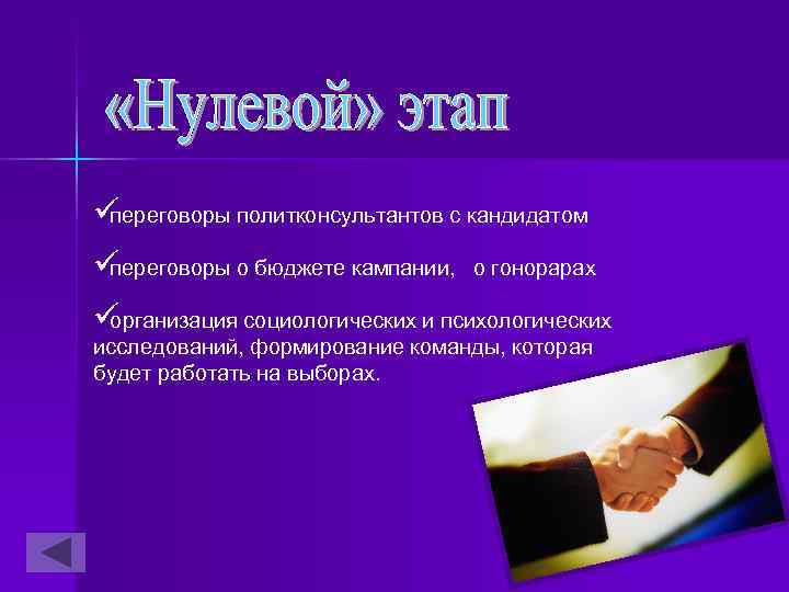üпереговоры политконсультантов с кандидатом üпереговоры о бюджете кампании,  о гонорарах üорганизация социологических и