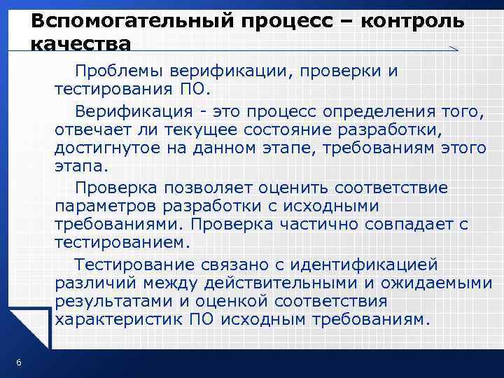 Вспомогательный процесс – контроль качества Проблемы верификации, проверки и тестирования ПО. Вспомогательный процесс – контроль качества Проблемы верификации, проверки и тестирования ПО.