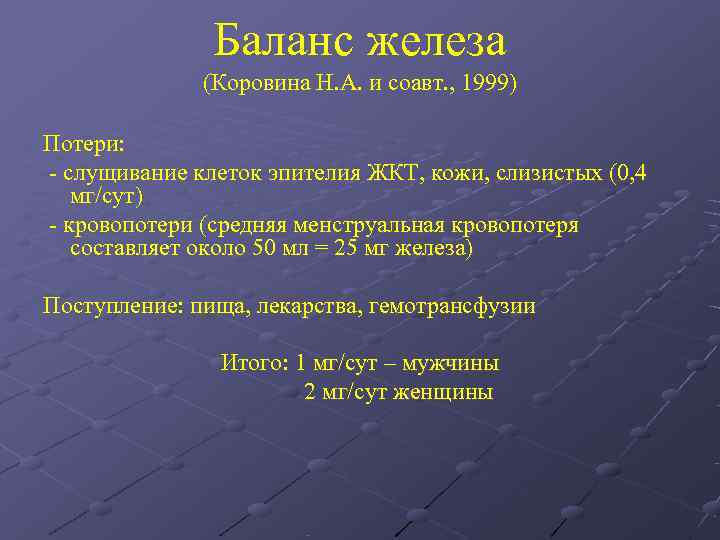     Баланс железа    (Коровина Н. А. и соавт.