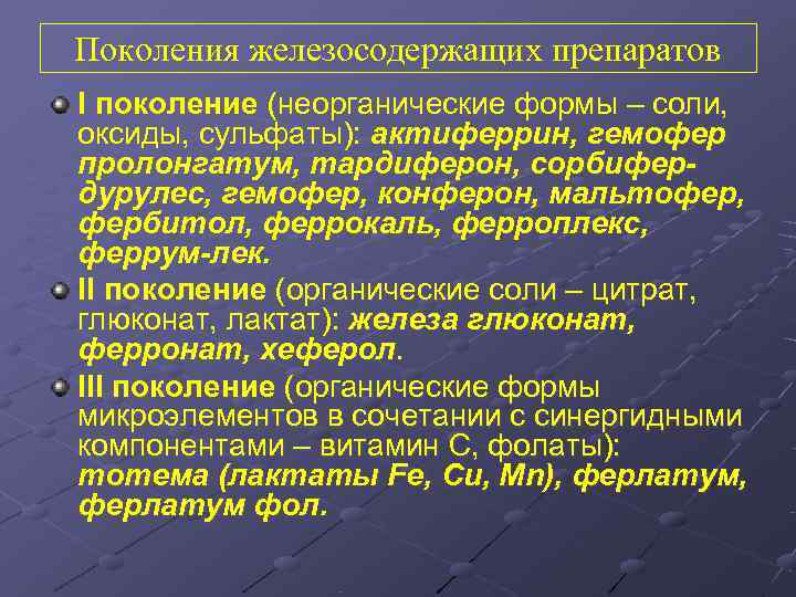 Поколения железосодержащих препаратов I поколение (неорганические формы – соли, оксиды, сульфаты): актиферрин, гемофер пролонгатум,