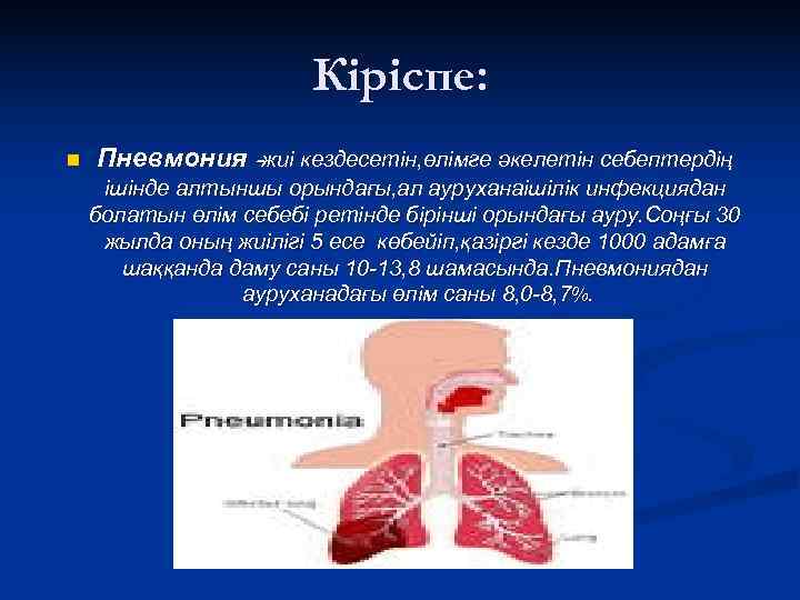     Кіріспе: n  Пневмония -жиі кездесетін, өлімге әкелетін себептердің ішінде