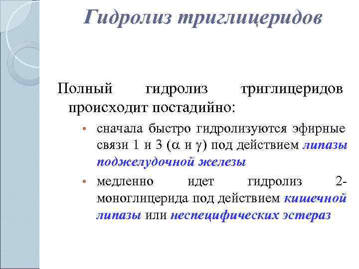   Гидролиз триглицеридов  Полный гидролиз триглицеридов  происходит постадийно: • сначала быстро