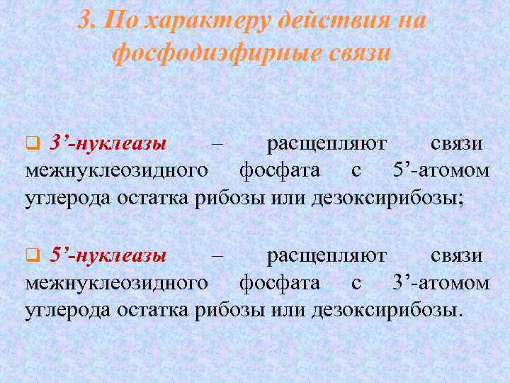  3. По характеру действия на   фосфодиэфирные связи  q 3’-нуклеазы –