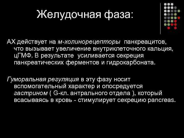    Желудочная фаза:  АХ действует на м-холинорецепторы панкреацитов,  что вызывает