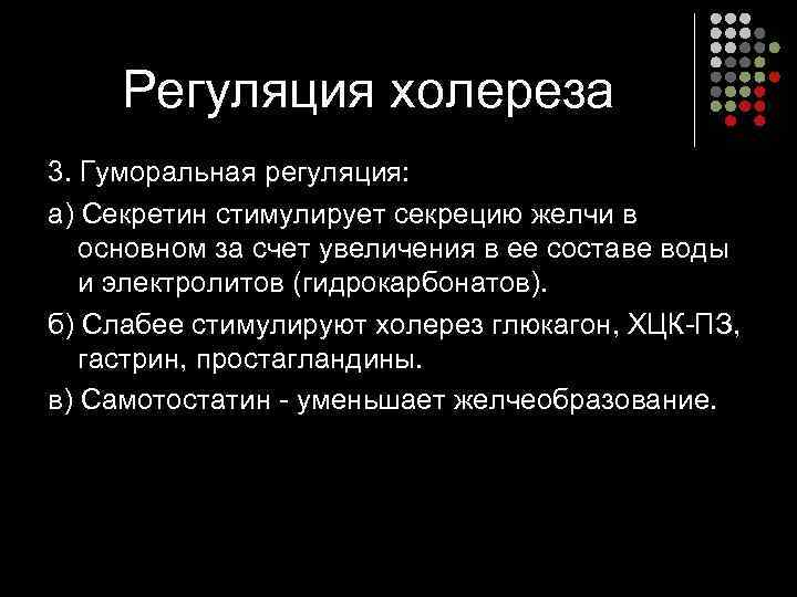  Регуляция холереза 3. Гуморальная регуляция: а) Секретин стимулирует секрецию желчи в  основном