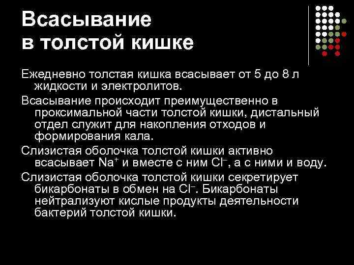 Всасывание в толстой кишке Ежедневно толстая кишка всасывает от 5 до 8 л 