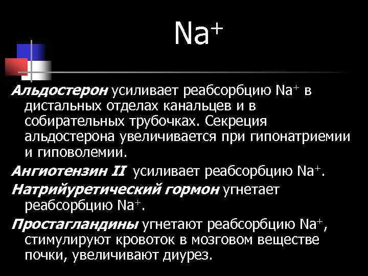 Na + Альдостерон усиливает реабсорбцию Na+ в дистальных отделах Na + Альдостерон усиливает реабсорбцию Na+ в дистальных отделах