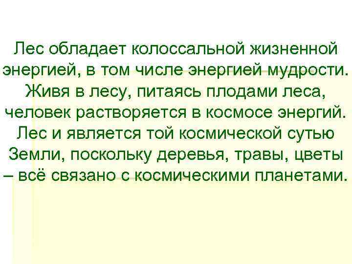  Лес обладает колоссальной жизненной энергией, в том числе энергией мудрости. Живя в лесу,