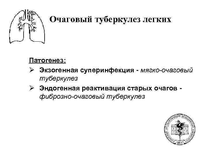  Очаговый туберкулез легких  Патогенез:  Ø Экзогенная суперинфекция - мягко-очаговый  туберкулез