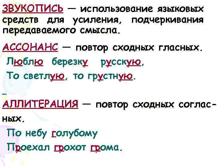 ЗВУКОПИСЬ — использование языковых средств для усиления, подчеркивания передаваемого смысла. АССОНАНС — повтор сходных