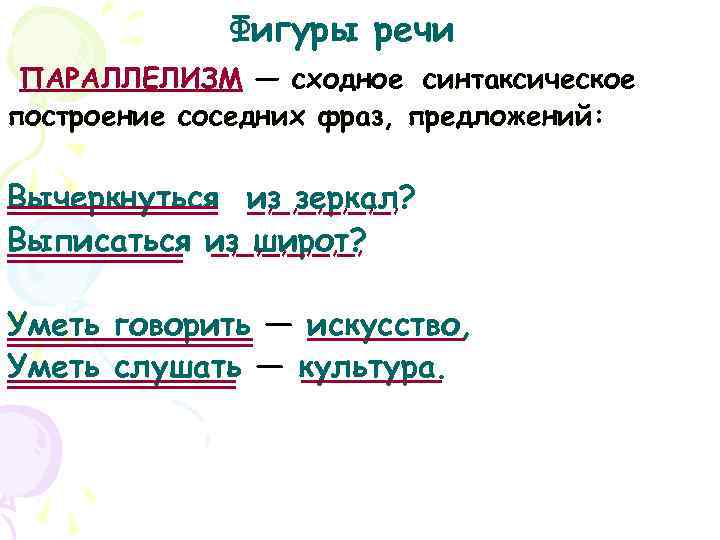   Фигуры речи ПАРАЛЛЕЛИЗМ — сходное синтаксическое построение соседних фраз, предложений: 