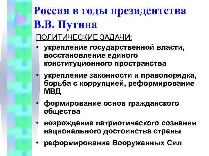 Россия в годы президентства В. В. Путина ПОЛИТИЧЕСКИЕ ЗАДАЧИ: • укрепление государственной власти, Россия в годы президентства В. В. Путина ПОЛИТИЧЕСКИЕ ЗАДАЧИ: • укрепление государственной власти,