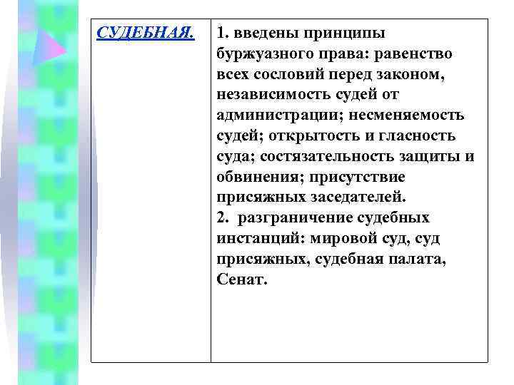 СУДЕБНАЯ.  1. введены принципы   буржуазного права: равенство   всех сословий