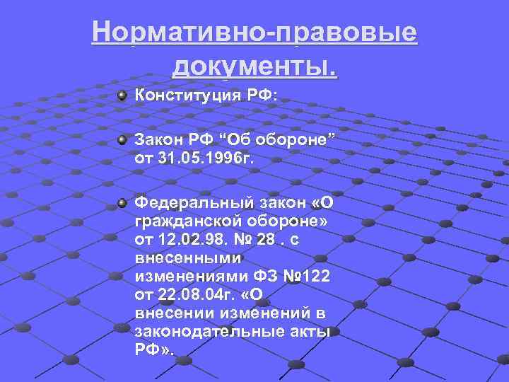 Нормативно-правовые документы.  Конституция РФ: Закон РФ “Об обороне”  от 31. 05. 1996