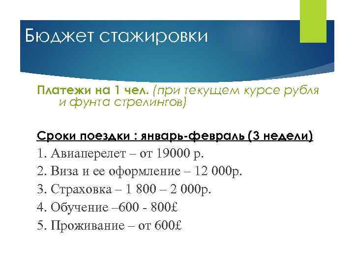 Бюджет стажировки  Платежи на 1 чел. (при текущем курсе рубля и фунта стрелингов)