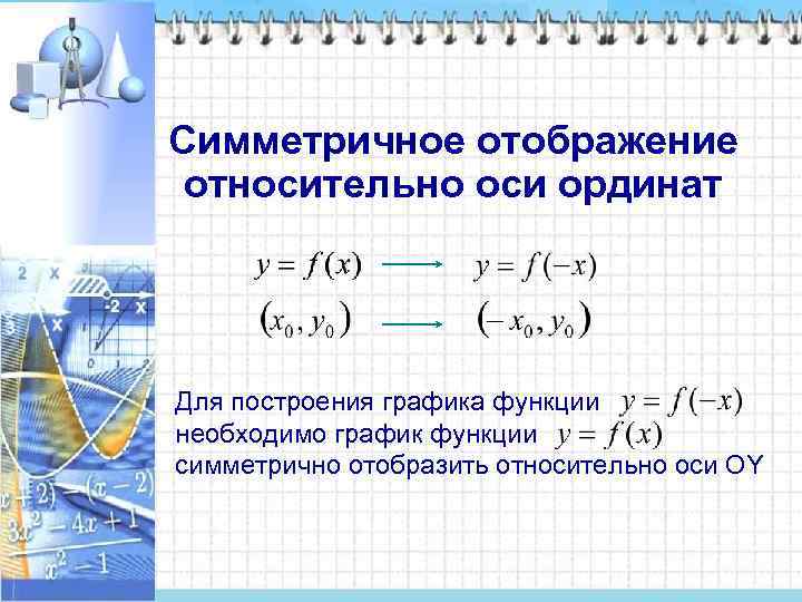 Симметричное отображение относительно оси ординат Для построения графика функции необходимо график функции симметрично отобразить