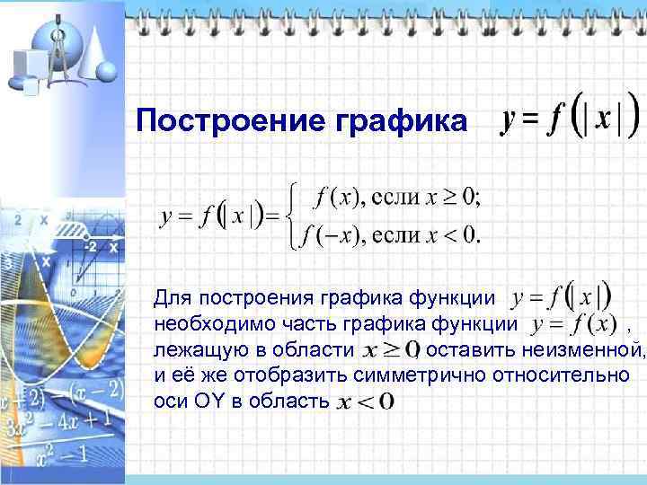 Построение графика Для построения графика функции необходимо часть графика функции  ,  лежащую