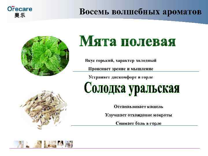 Восемь волшебных ароматов Останавливает кашель Улучшает отхождение мокроты Снимает боль Восемь волшебных ароматов Останавливает кашель Улучшает отхождение мокроты Снимает боль