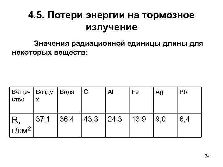   4. 5. Потери энергии на тормозное   излучение Значения радиационной единицы