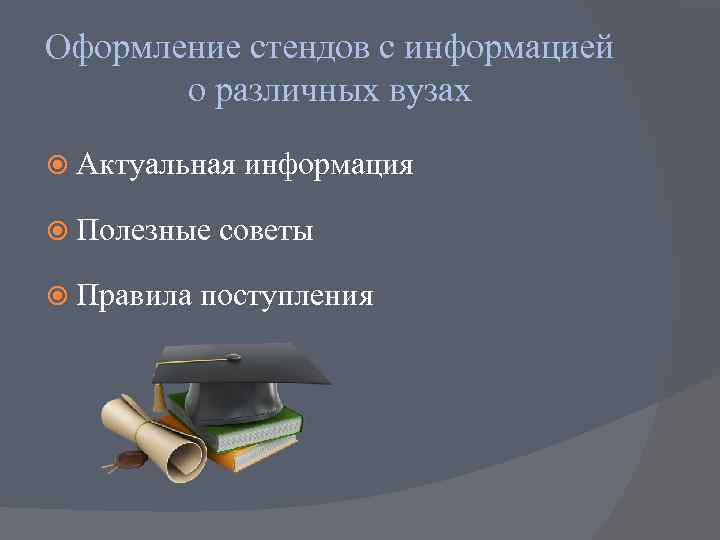 Оформление стендов с информацией  о различных вузах  Актуальная  информация  Полезные