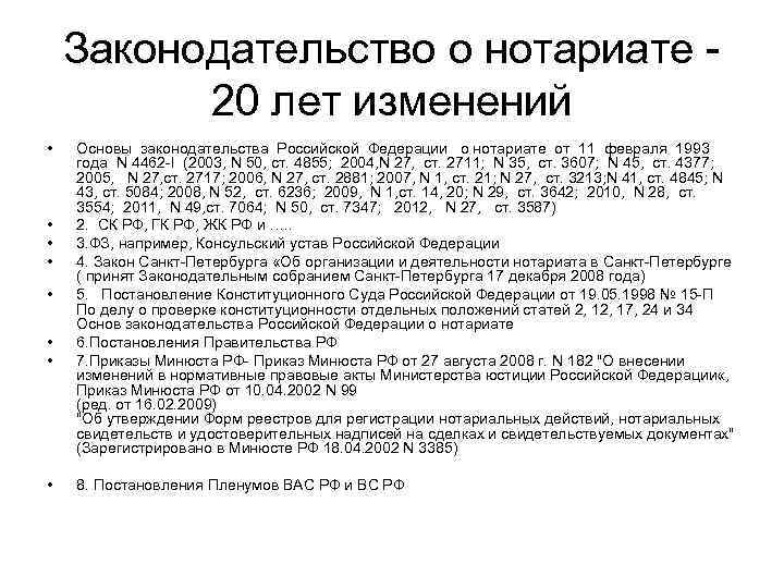   Законодательство о нотариате -  20 лет изменений •  Основы законодательства