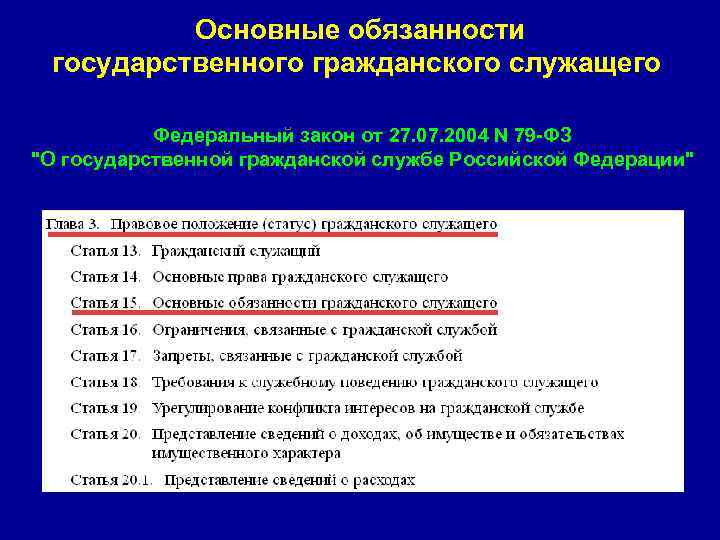    Основные обязанности государственного гражданского служащего   Федеральный закон от 27.