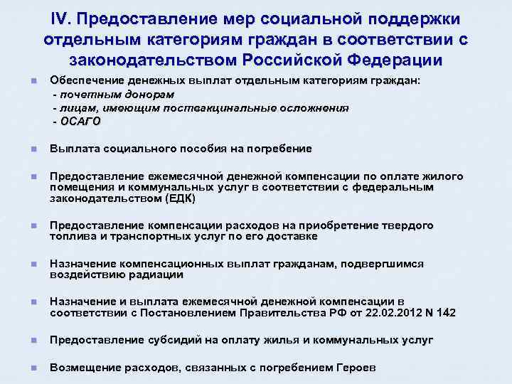  IV. Предоставление мер социальной поддержки отдельным категориям граждан в соответствии с  законодательством