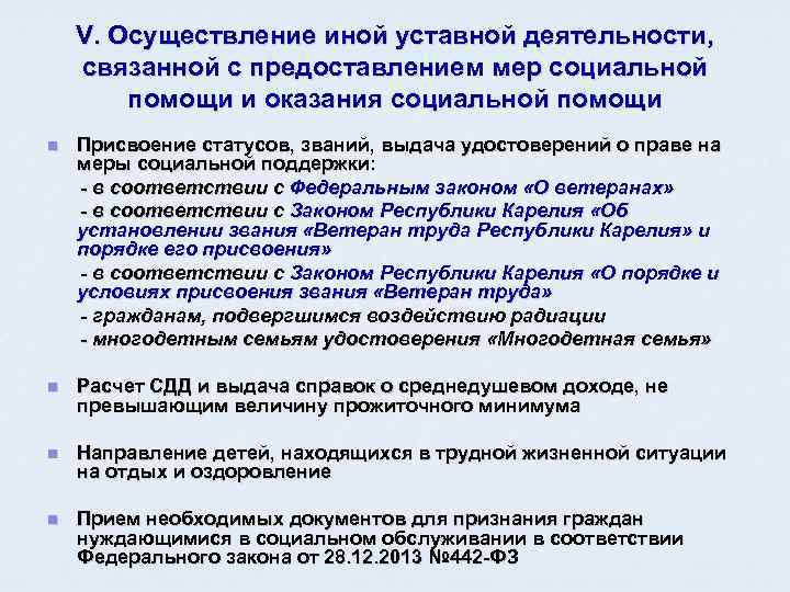   V. Осуществление иной уставной деятельности, связанной с предоставлением мер социальной  