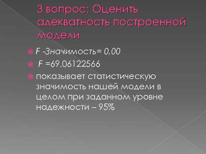   3 вопрос: Оценить адекватность построенной модели  F -Значимость= 0, 00 