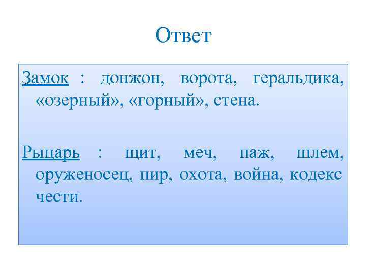     Ответ Замок : донжон, ворота, геральдика, «озерный» ,  «горный»