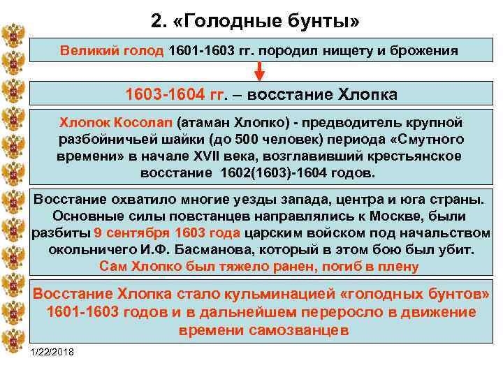    2.  «Голодные бунты»  Великий голод 1601 -1603 гг. породил