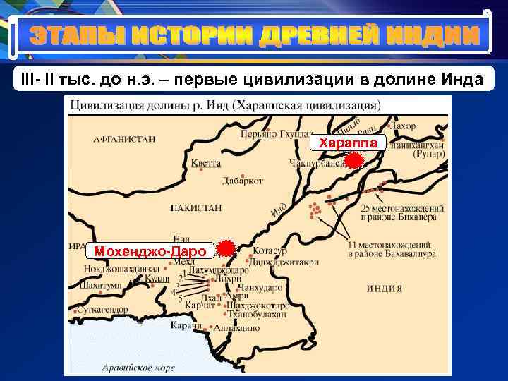 III- II тыс. до н. э. – первые цивилизации в долине Инда III- II тыс. до н. э. – первые цивилизации в долине Инда