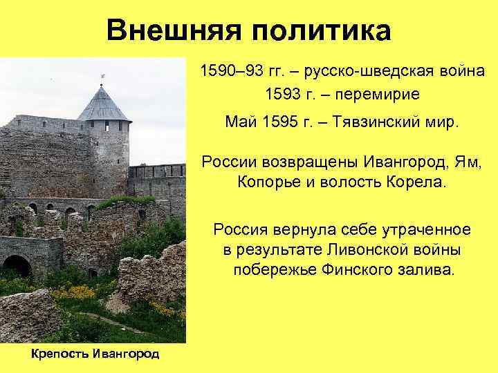    Внешняя политика     1590– 93 гг. – русско-шведская