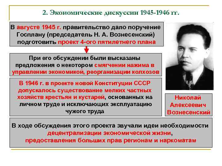    2. Экономические дискуссии 1945 -1946 гг. В августе 1945 г. правительство