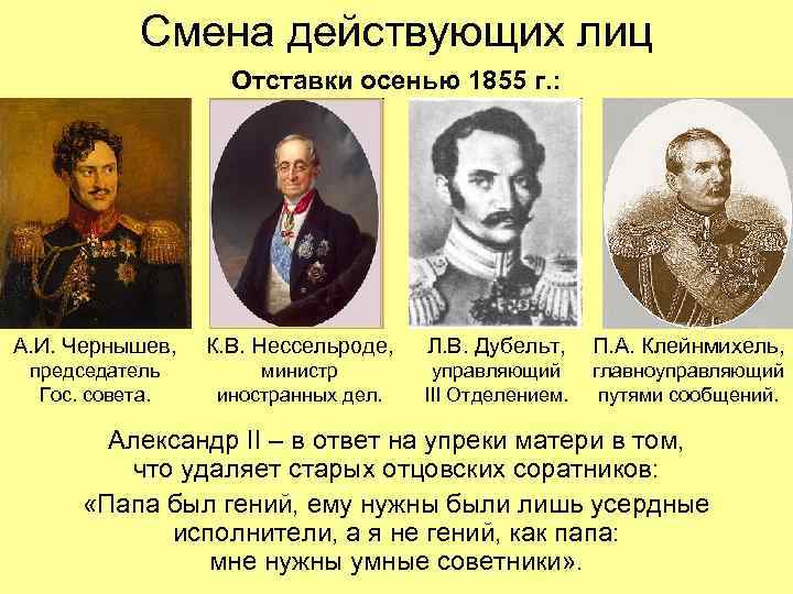 Смена действующих лиц Отставки осенью 1855 г. : А. Смена действующих лиц Отставки осенью 1855 г. : А.