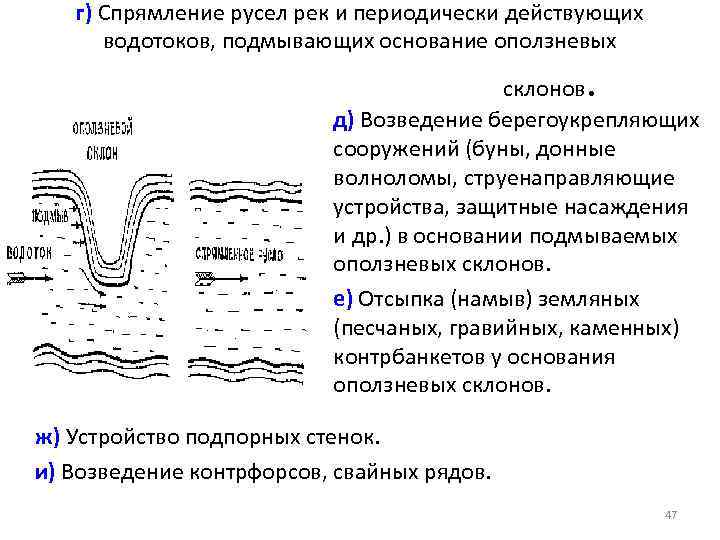   г) Спрямление русел рек и периодически действующих  водотоков, подмывающих основание оползневых