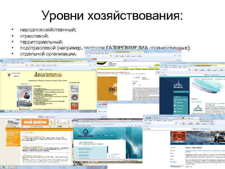   Уровни хозяйствования:  •  народнохозяйственный;  •  отраслевой;  •
