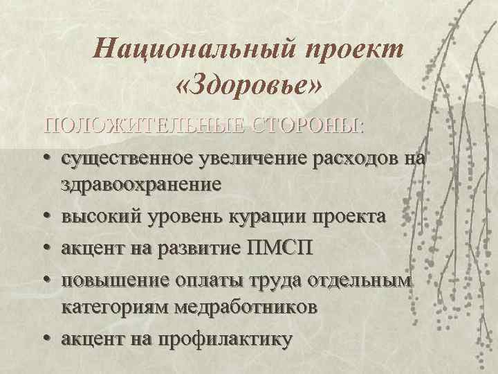   Национальный проект  «Здоровье» ПОЛОЖИТЕЛЬНЫЕ СТОРОНЫ:  • существенное увеличение расходов на