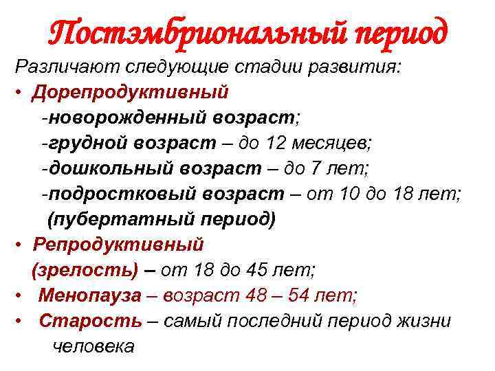   Постэмбриональный период Различают следующие стадии развития:  • Дорепродуктивный  -новорожденный возраст;