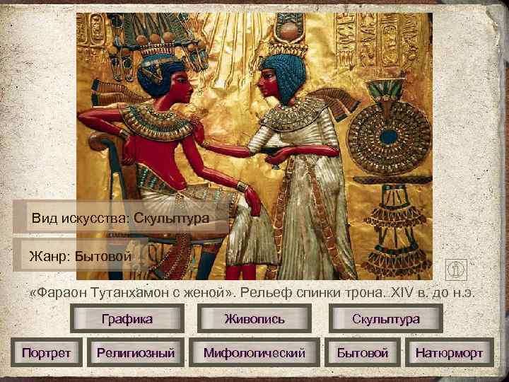  Вид искусства: Скульптура  Жанр: Бытовой  «Фараон Тутанхамон с женой» . Рельеф