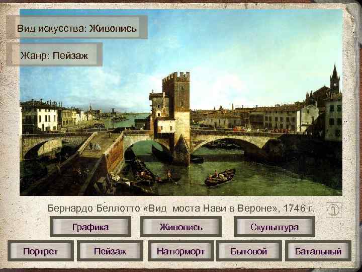 Вид искусства: Живопись Жанр: Пейзаж   Бернардо Беллотто «Вид моста Нави в Вероне»