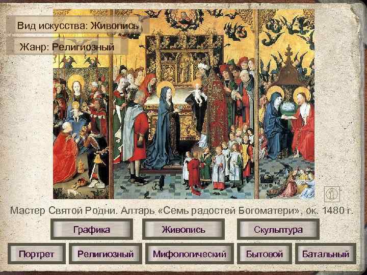  Вид искусства: Живопись  Жанр: Религиозный Мастер Святой Родни. Алтарь «Семь радостей Богоматери»