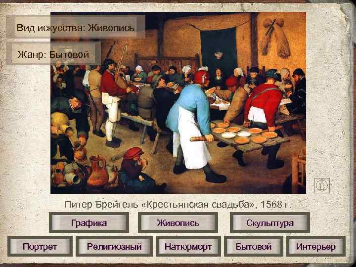 Вид искусства: Живопись Жанр: Бытовой    Питер Брейгель «Крестьянская свадьба» , 1568